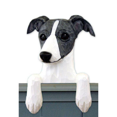 Door Topper - Wood Carved Italian Greyhound - Blue/White Shugar Plums Gift Store