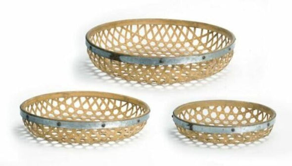 Woven Metal And Bamboo Tray Set Of 3