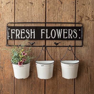 Distressed Fresh Flowers Metal Sign with Metal Buckets - Shugar Plums Gift Store