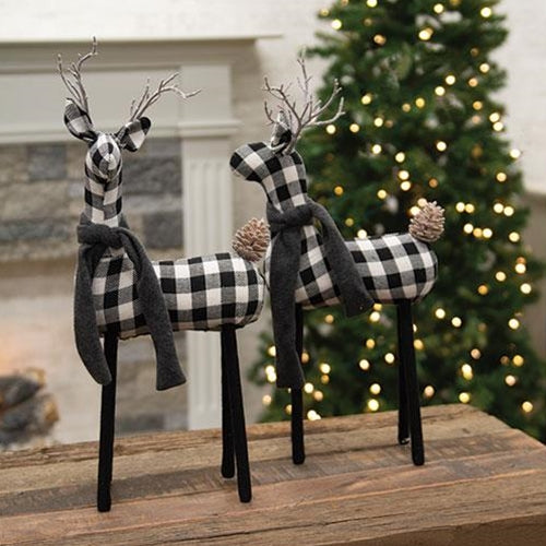 Set Of Black And White Plaid Deer Figurines 20" H
