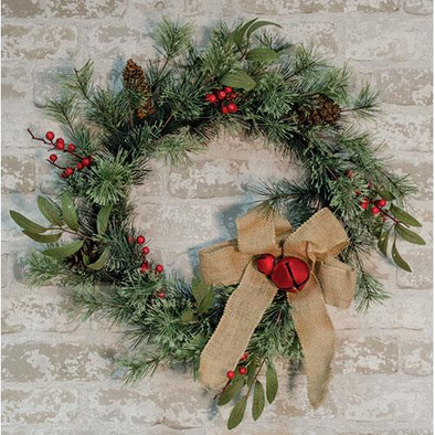Holiday Pine Wreath With Bells 20" - Shugar Plums Gift Store