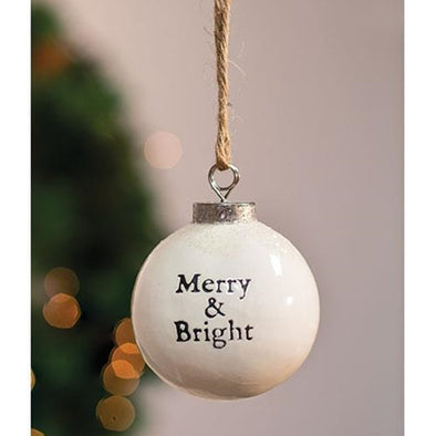 Merry & Bright White Ceramic Ornament - Shugar Plums Gift Store