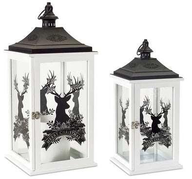 White With Black Accents Christmas Lantern Set of 2 with Deer - Shugar Plums Gift Store