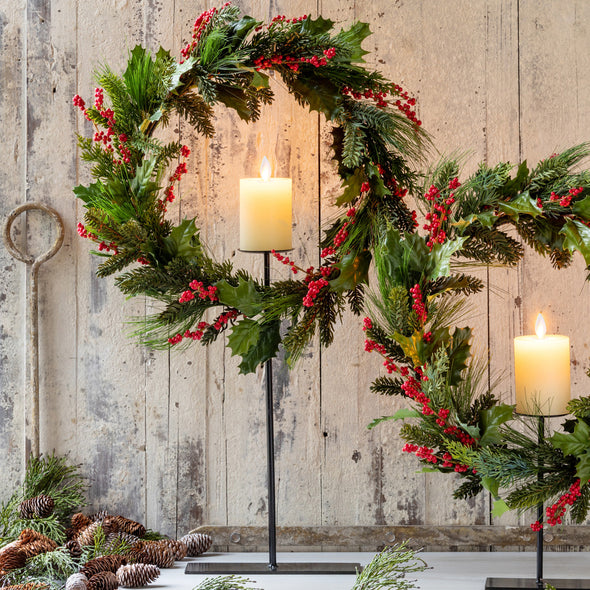 Pine Holly Wreath On Candle Stand